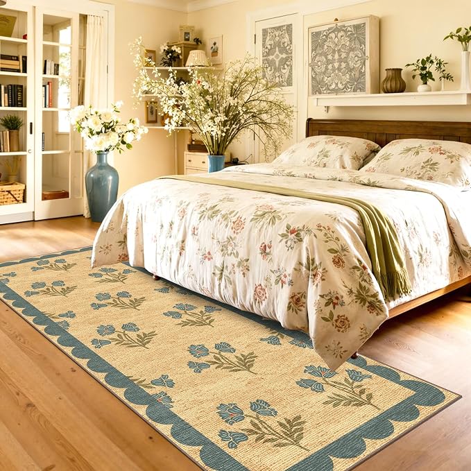 Non Slip Washable Kitchen Runner Rug - 2x6 Blue Floral Hallway Runner Rugs Soft Boho Runners for Hallways Jute-Look Farmhouse Scalloped Rugs for Bedroom Entryway Foyer Laundry Room Bathroom