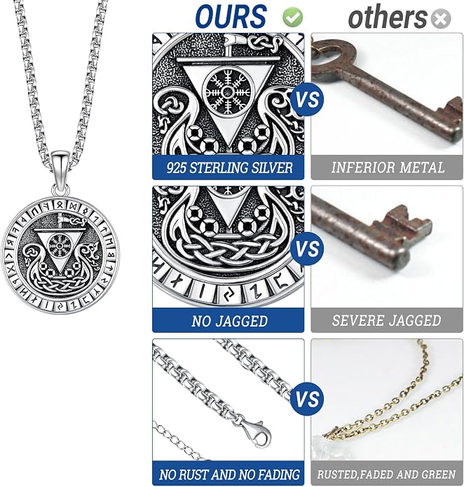 Eusense Viking Necklace for Men Women 925 Sterling Silver Pendant Thors Hammer/Norse Runes/Odin's Ravens/Wolf/Dragon/Snake/Yggdrasil/Freya/Helm of Awe/Valknut/Triskelion/Axe/Shield Viking Jewelry