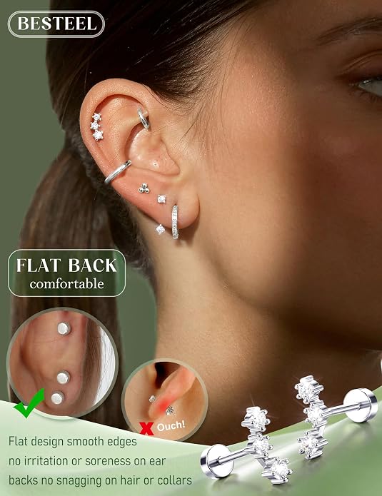 Hypoallergenic Flat Back Earrings 14K Gold Plated Cartilage Earring Stacks for Sensitive Ears Surgical Steel Small Huggie Hoops Flatback Stud Earrings Set for Multiple Piercing Jewelry Gift for Women