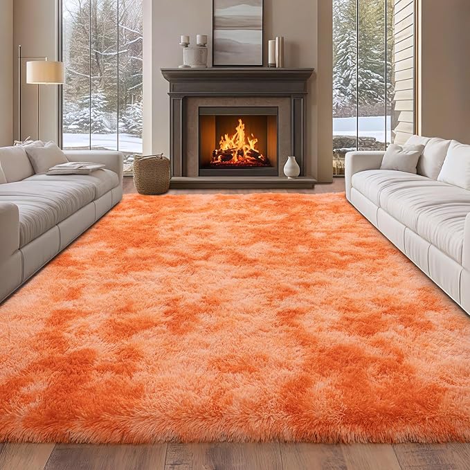 8x10 Large Area Rugs for Living Room, Tie-Dyed Orange Fluffy Rug | Soft Fluffy Shag Rug, Big Fuzzy Carpet for Bedroom Nursery Kids Girls Boys Room Dorm Home Decor Aesthetic, Upgrade Non Slip