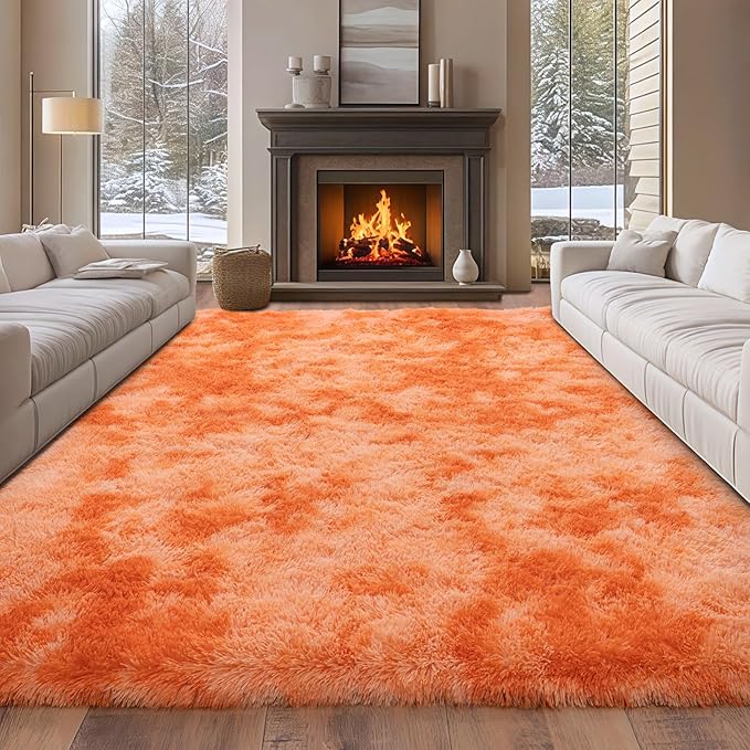 9x12 Large Area Rugs for Living Room, Tie-Dyed Orange Fluffy Rug | Bedroom and Nursery, Soft and Comfy, Big Fuzzy Carpet for Kids, Girls Room Dorm Home Decor Aesthetic, Upgrade Non Slip