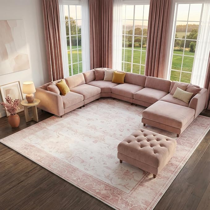 9'x12' Extra Large Vintage Rug, Washable Area Carpet for Home Office Farmhouse, 0.26" Low Pile Water Resistant Faux Wool Rug - Non-Slip Silicone Backing for Hardwood, Pink & White