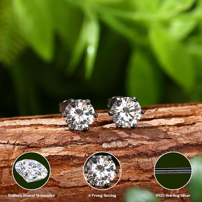 Moissanite Stud Earrings : 18K White Gold Plated Solid 925 Sterling Silver Earring Hypoallergenic Dainty Flat Back Stud Earrings Jewelry for Women Men D Color VVS1 Clarity