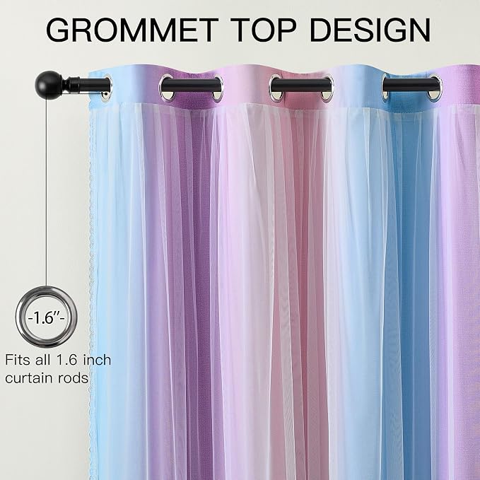 XiDi 100% Blackout Curtains with Sheer Overlay 84 Inches Long 2 Panels for Girls Bedroom Living Room Rainbow Pink Purple Blue Double Layer Curtains for Kids Nursery Unicorn Princess Grommet W52 x L84