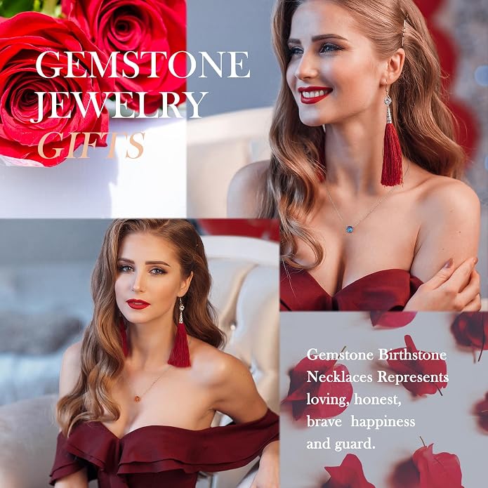 Ursilver Round Birthstone Necklace and Birthstone Earrings for Women sets - S925 Sterling Silver 12 Months Birthstone Necklace for Women Girls Jewelry Birthday Gifts