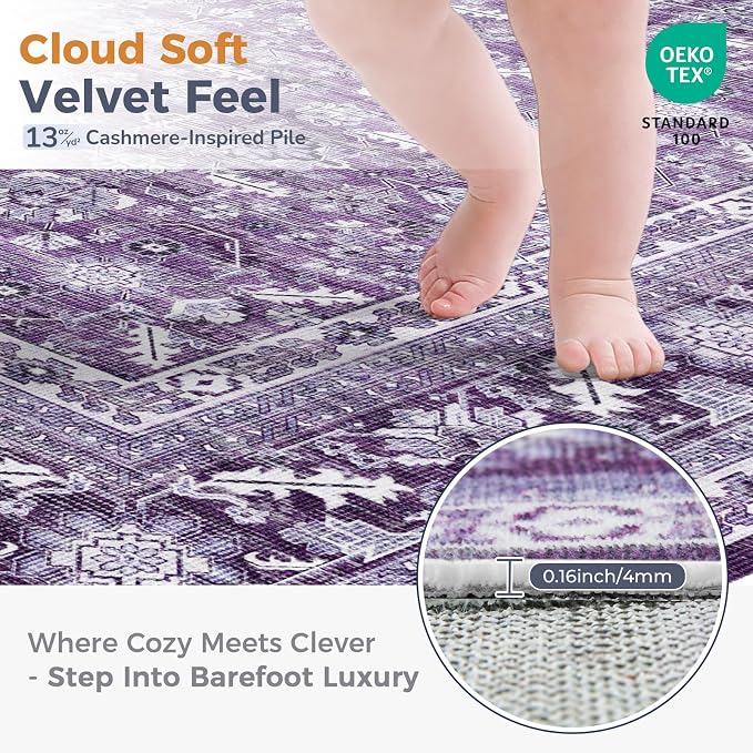 OPPODREAM Vintage Purple Area Rugs 8x10, 8 x 10 Retro Washable Rug Non Slip, Low-Pile Faux Wool Carpet, Distressed Floor Mat for Living Room, Bedroom, Office, Dorm, Dinning Room, Big & Large