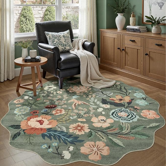 DCX Vintage Floral Rug 6x6, Washable Sage Green Rug for Living Room, Kid & Pet Friendly with Rubber Back Non Slip, Soft Low Pile Carpet, Stain Resistant Rug for Bedroom, Nursery, Dining Room