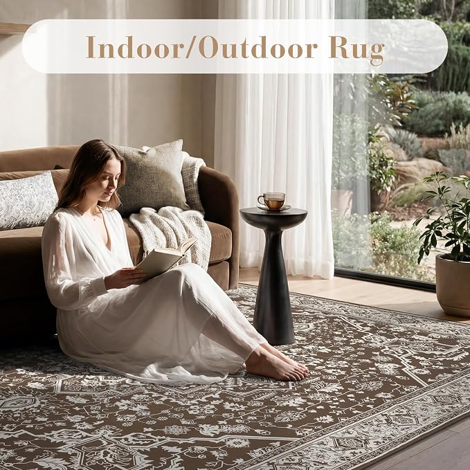 AMOAMI-Outdoor Rug-Patio Rug 5x8 ft Quick Dry Flatweave Textured Machine Washable Outdoor Carpet with Rubber Particles Backing Vintage Outdoor Area Rug for Patio Deck Front Porch Balcony Brown