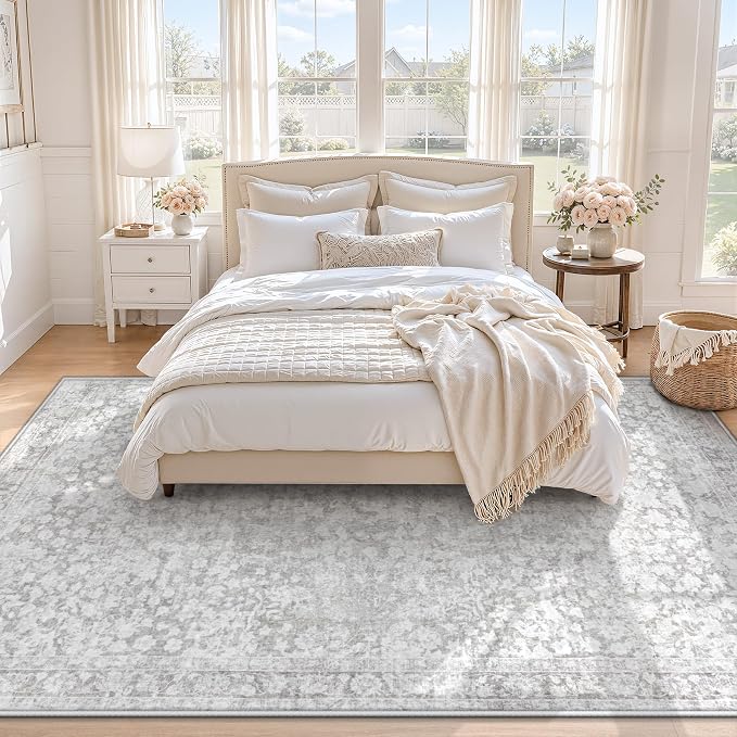 6x9 Area Rugs for Living Room: Boho Vintage Washable Rug Non-Slip Soft Stain Repellent Area Rugs Indoor Low-Pile Carpet for Bedroom Nursery Office Dining Room Playroom Farmhouse (Grey, 6'x9')