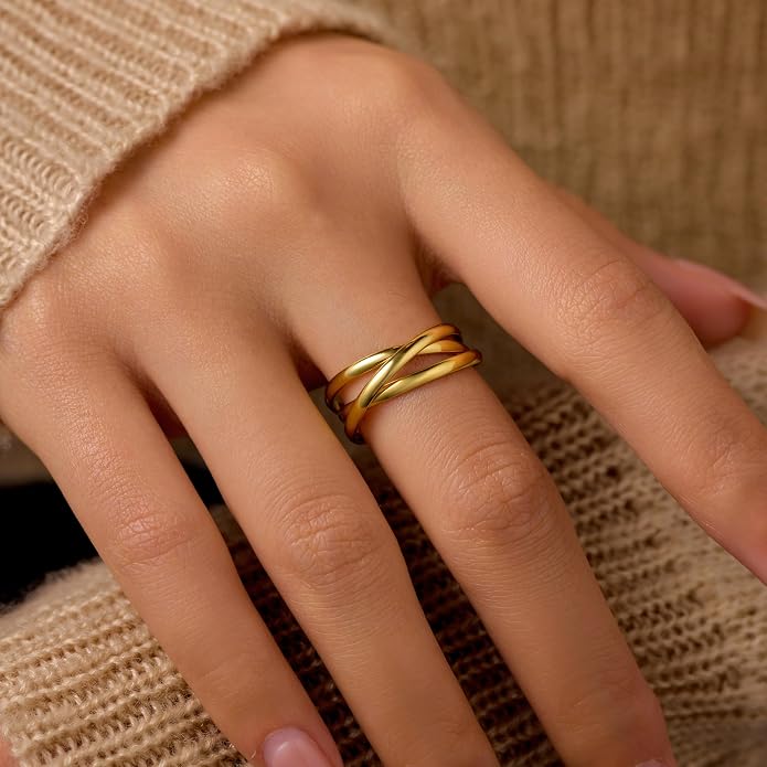 14K Gold Plated Interlocking Fidget Anxiety Ring 925 Sterling Silver Stackble Rings for Women Men Rolling Triple Spinner Ring Minimalist Trendy Knuckle Rings Jewelry Birthday Graduation Gifts