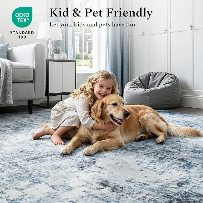 Rugflix 5x7 Area Rugs for Living Room, Washable Large Rug Stain-Resistant Low Pile, Modern Dark Carpet for Dining Room Home Office Kid Room Nursery Bedroom, Blue Grey/Black