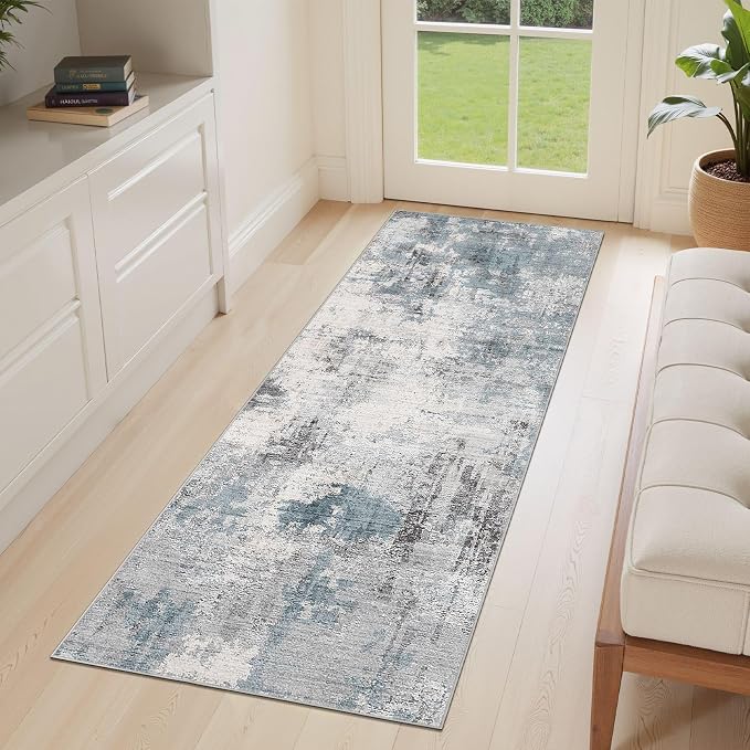 Abstract 2x8 Runner Rug: Machine Washable Non Slip Ultra Thin Low-Pile Carpet, Soft Stain Resistant for Hallway Kitchen Bathroom, Kid Pet Friendly, Robot Vacuum Compatible - Grey Blue