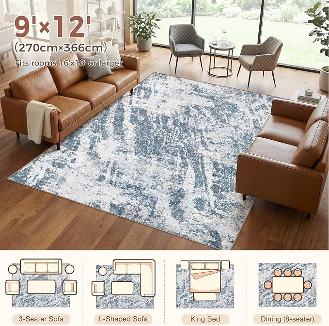 DMOYEST 9x12 Washable Area Rug: Abstract Modern Non-Slip Carpet, Soft Low Pile Indoor Neutral Easy Clean Floor Rugs for Living Room Bedroom Dining Room Kids & Pets - Blue