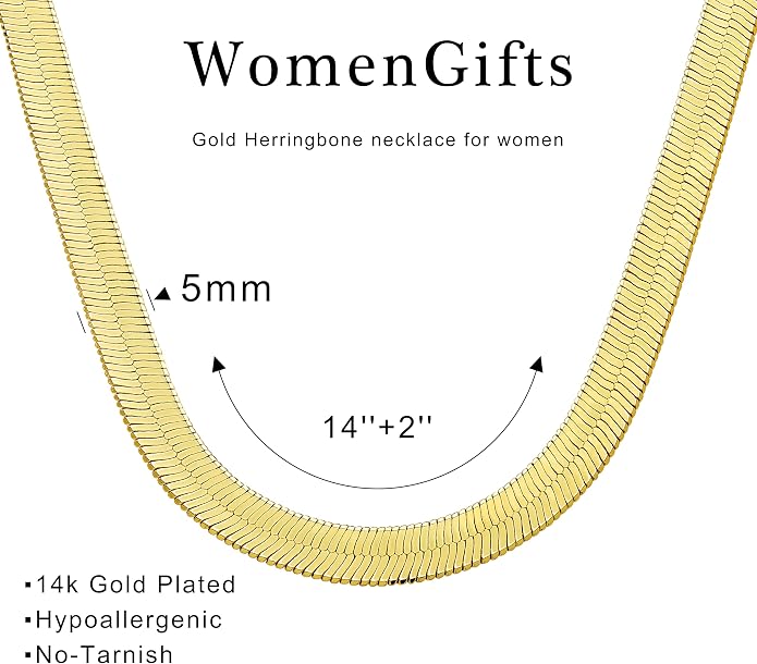 WomenGifts 14K Gold Silver Plated Herringbone Necklace for Women, Dainty Snake Chain Choker, Trendy Simple Long Layered Jewelry Non Tarnish, 3/4/5/8mm,14,16,18,20,22,24,26 Inch Thin & Chunky Options