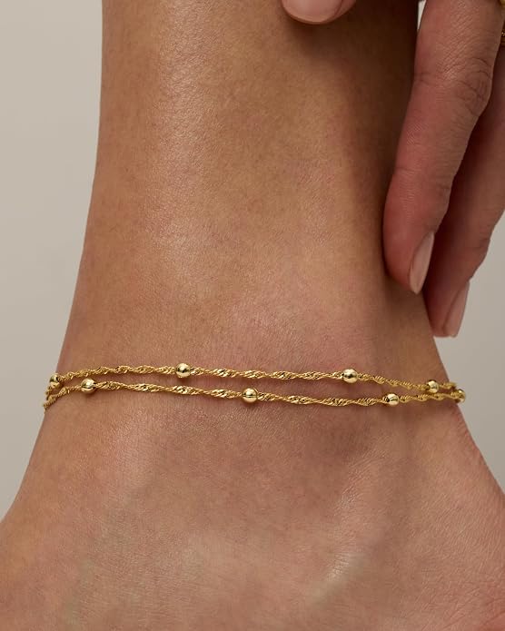 PAVOI 14K Gold Plated Anklet for Women - Trendy Link Chain Ankle Bracelet Summer Jewelry - Boho Dainty Anklets with Cubic Zirconia, Beaded, Evil Eye, Star, Station, Pearls Adjustable Gold Jewelry