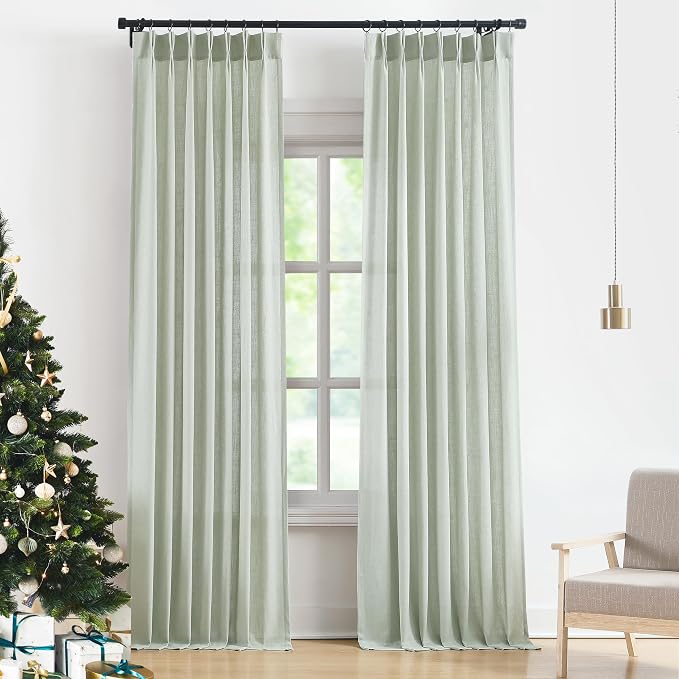 Vision Home Pinch Pleated Semi Sheer Curtains Textured Linen Blended Light Filtering Window Curtains 84 inch for Living Room Bedroom Pinch Pleat Drapes with Hooks 2 Panels 40" Wx84 L,Soft Green