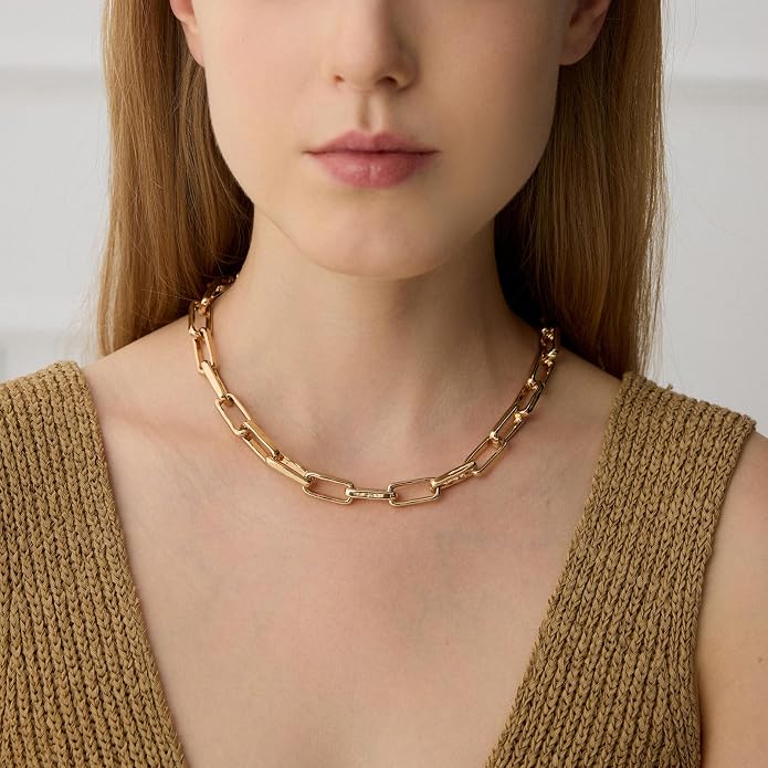 COBI Paperclip Chain Necklace for Women,Beaded Necklace,18K Gold /925 Sterling Silver Plated,Chunky Link Chain Necklace for Daily Wear,Ideal Gift for Her 17"