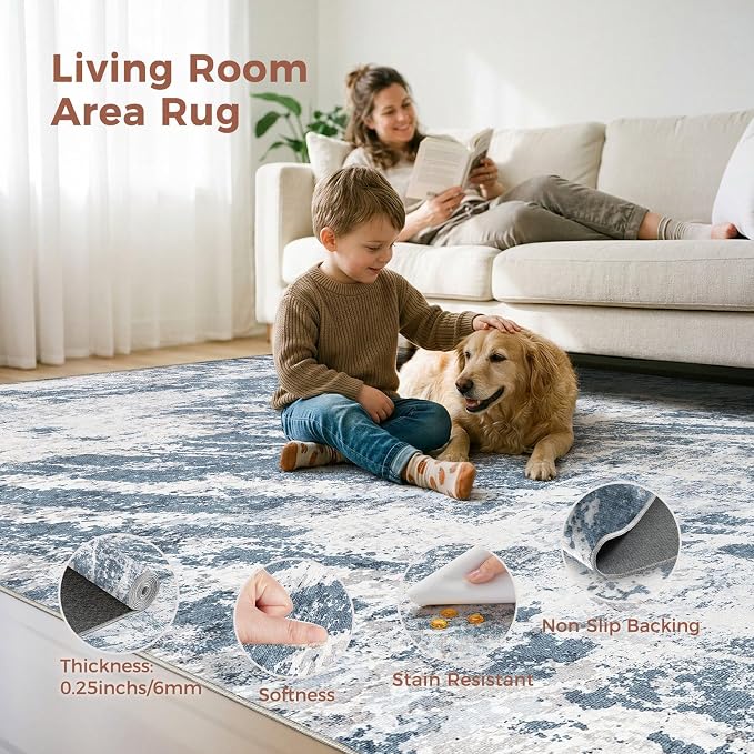 DMOYEST 9x12 Washable Area Rug: Abstract Modern Non-Slip Carpet, Soft Low Pile Indoor Neutral Easy Clean Floor Rugs for Living Room Bedroom Dining Room Kids & Pets - Blue