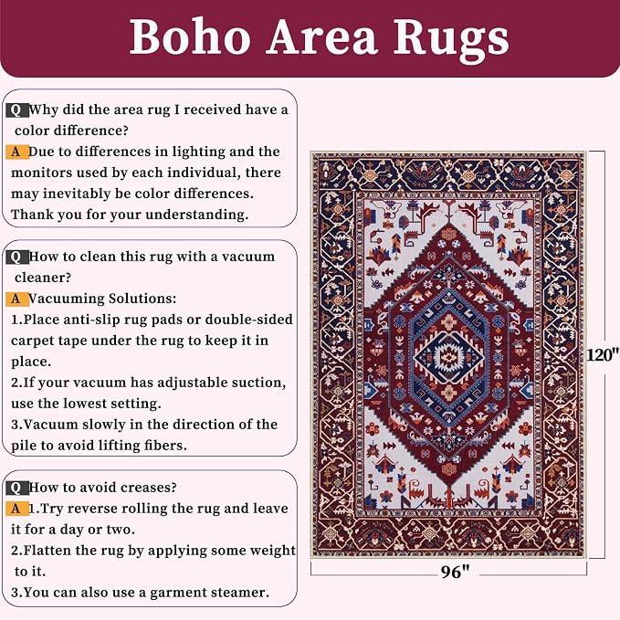 SERISSA Washable Rugs 8x10 Area Rugs, Large Non-Slip Boho Living Room Rug, Ultra Soft Oriental Vintage Burgundy Navy Print Distressed Carpet for Dining Room Bedroom Dorm Office Home Decor