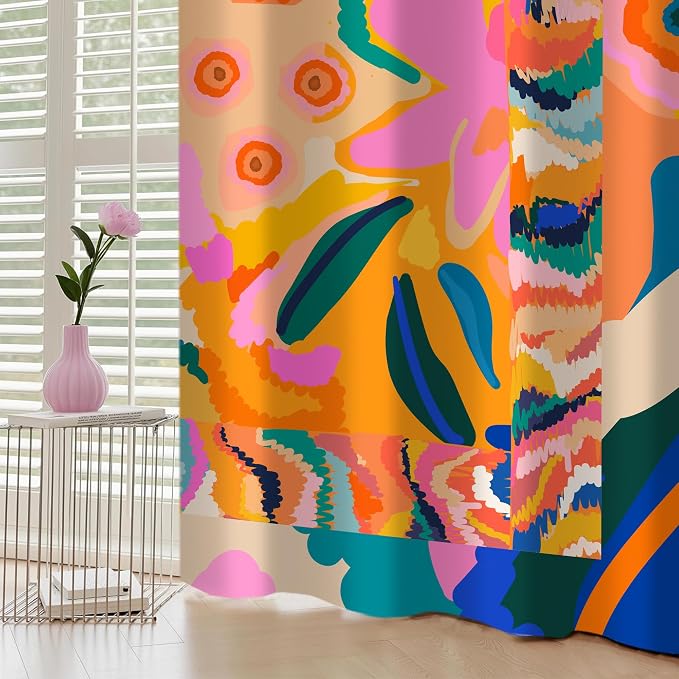 Floral Black Out Curtains, Colorful Boho Abstract Jungle Asthetic Modern Contemporary Decor for Home Bedroom, Living Room Grommet Window Drapes 2 Panel Set, 52"x96"