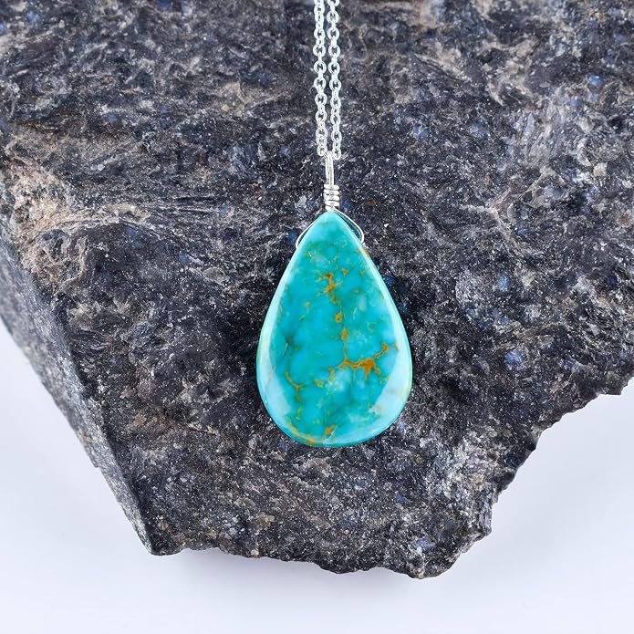 InfinityGemsArt Turquoise Pendant Necklace for Women, Birthstone, Natural Gemstone Cabochon Pear, Dainty Bezel Handmade Jewelry, Chakra Energy Healing Crystals, 925 Sterling Silver Chain 18 inch