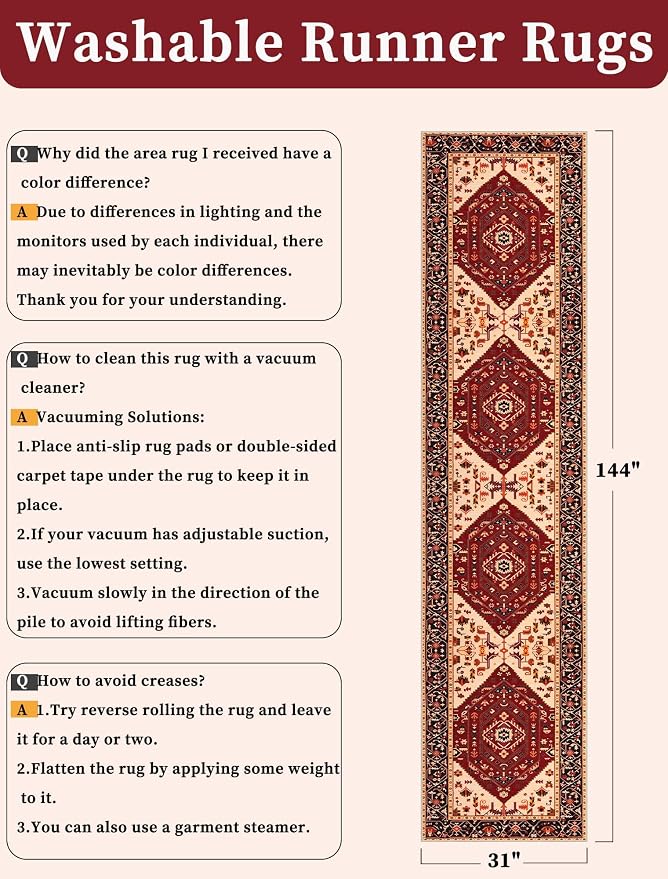SERISSA Runner Rug for Hallways, 2'6"x12' Washable Non Slip Kitchen Runner Rug, Extra Long Boho Rug Ultra Soft Vintage Red Black Print Floor Carpet for Bedroom Hallway Entryway Bathroom Laundry Room
