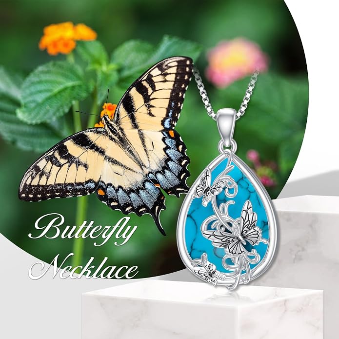 ROMANTICWORK Clover/AA/Ankh/Sun/Compass Necklace Sterling Silver Moss Agate Turquoise Butterfly/Dragonfly/Bee Pendant Jewellery Christmas Birthday Gifts for Women