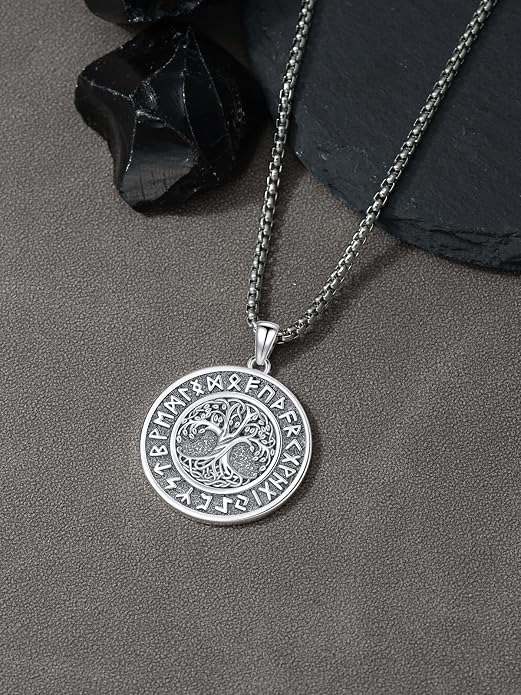 Viking Necklace for Men 925 Sterling Silver Viking Wolf/Thors Hammer/Vegvisir/Tree of Life/Compass Pendant Norse Necklace Amulet Talisman Christmas Gifts for Him Her