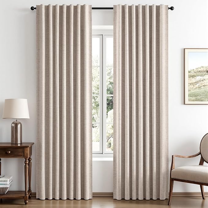 MIULEE 100% Blackout Linen Curtains for Bedroom 42 x 90 Inch Khaki 2 Panels | Thermal Insulated, Room Darkening Drapes for Living Room, Back Tab Rod Pocket Pinch Pleated, Solid Luxury Decor