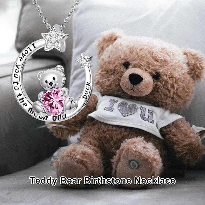 PELOVNY Teddy Bear Necklace for Women 925 Sterling Silver Bear/Highland Cow/Fox/Cat/Axolotl Birthstone Necklace Christmas Birthday Jewelry Gifts for Mom Daughter Wife Sister