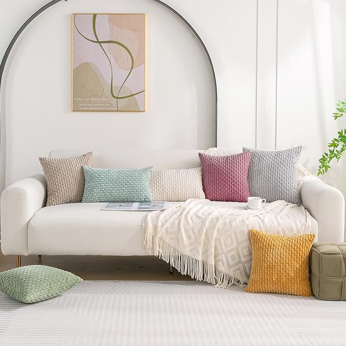 Set of 4 Pink Beige White Decorative Throw Pillow Covers 20x20 Inch Corduroy Pillow Covers for Bed Couch Sofa Living Room Soft Square Cushion Cases
