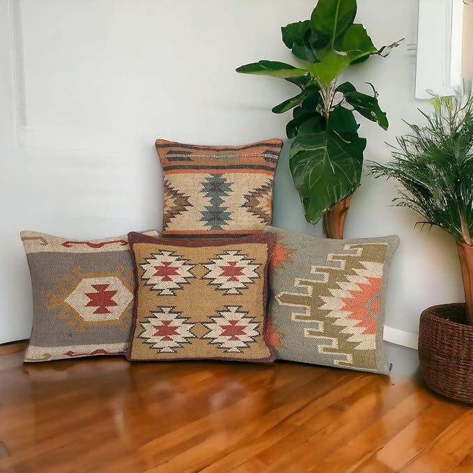 Set of 4 Geometric Wool Jute Square Throw Pillow Covers -Decorative 18 x 18 Inches Multicolour Cushion Covers Perfect for Sofa/Couch/Bed/Home/Outdoor/Car (Multicolour - 12)