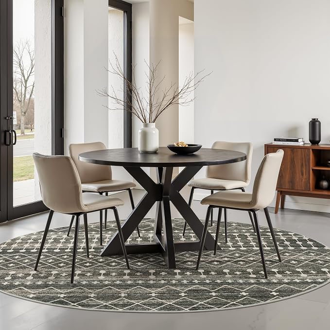 Miukiki Round Rugs 8ft Washable Moroccan Circle Rug for Living Room Non Slip Indoor Floor Carpet Foldable Area Rug for Dining Room with Low PileBlack,8'x8'