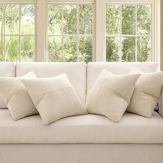 MIULEE Beige Throw Pillow Covers 20x20 Inch Set of 4 Boho Patchwork Cushion Cases Modern Farmhouse Pillow Cases with Invisible Zipper Corduroy Striped Home Decor for Couch Sofa Bedroom