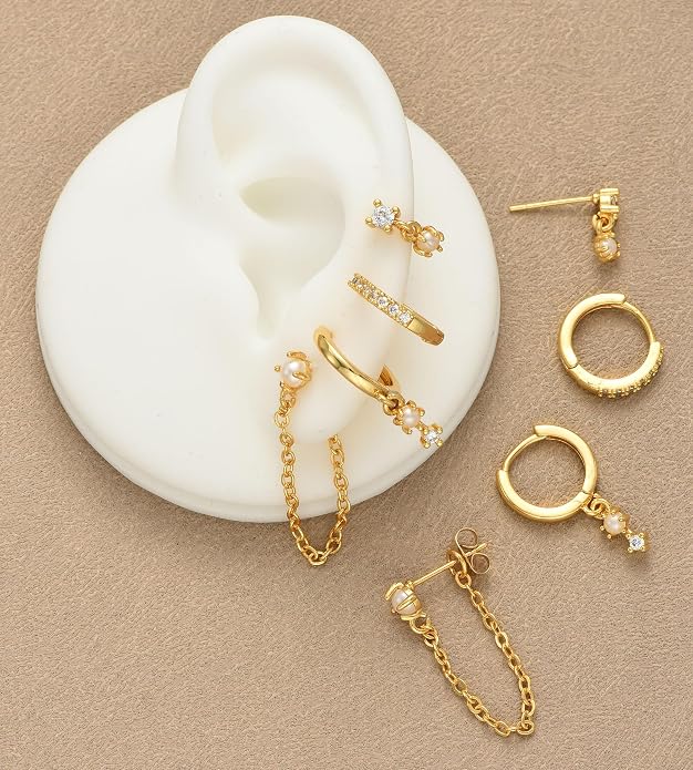 6 Pairs 14K Gold Plated Stud Earrings for Women, Hypoallergenic Cartilage Earrings for Multiple Piercing, Dainty Small Stackable Earrings Set for Jewelry Gift