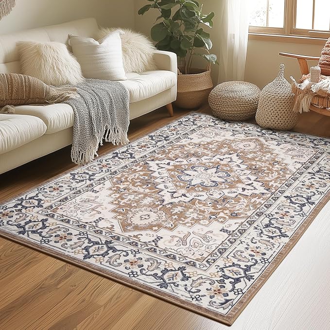 Lessymo 4 x 6 Area Rugs for Living Room- Machine Washable Area Rugs Boho Faux Wool Low Pile Area Rug for Bedroom, Floral Medallion Vintage Rugs Kid & Pet Friendly, Brown Beige