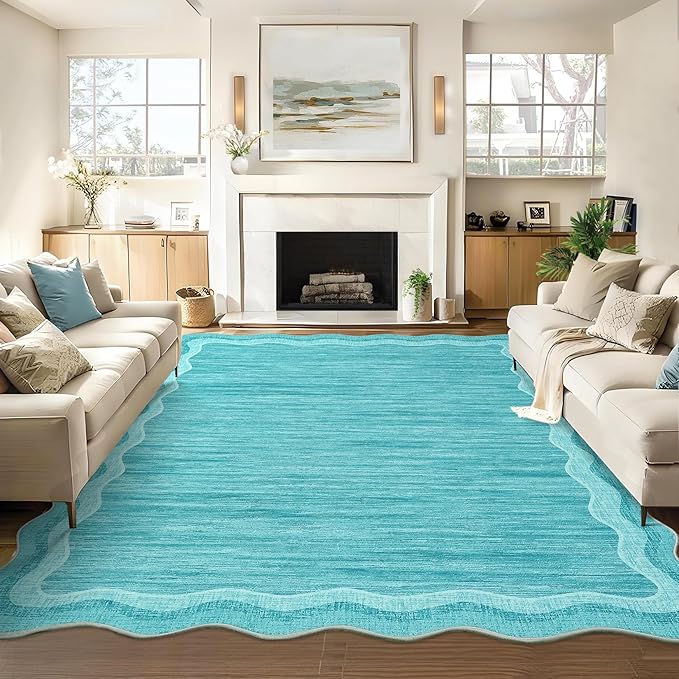 Garvee Scalloped 10x13 Area Rugs for Living Room Large Washable Rugs,Neutral Solid Rug Stain Resistant Non Slip Floor Mat Carpet Indoor Accent Rug for Bedroom Dining Room Playroom Home Decor,Teal | Rugs for Living Room, Non-Slip Soft Carpet for Bedroom...