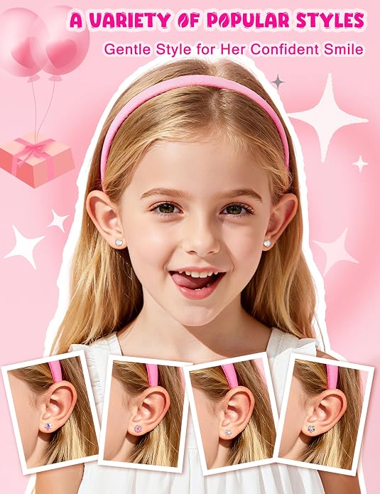 THUNARAZ 16 Pairs Hypoallergenic Earrings for Girls Kids Women Surgical Stainless Steel Earrings for Sensitive Ears Cute Flower Heart Ball Toddler Screw Back Stud Earring Flat Back Earring Set 20G
