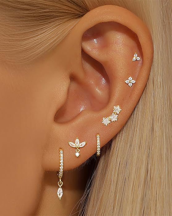 14K Gold Plated Dainty Stud Hoop Earrings for Women 6 Pairs Huggie Hypoallergenic Silver Gold Flat Back Cartilage Stud Earrings Set for Multiple Piercing Luxury Cubic Zirconia Drop Earrings Jewelry Trendy Gifts