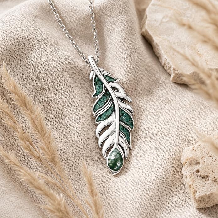 Feather Necklace White Gold Boho Jewelry Nature Inspired Statement Birthstone Pendant Gifts for Women
