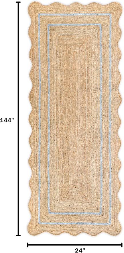 Wave Scalloped Natural Jute Runner, Gray (2'x12'): Boho Farmhouse Entryway Scallop Rug