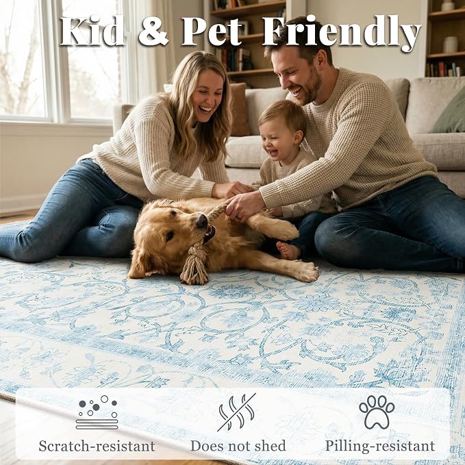 Washable Rugs for Living Room: 8x10 Area Rugs for Bedroom Ultra Soft Non-Slip Low Pile Vintage Boho Large Carpet for High-Traffic Dining Room - Farmhouse Decor