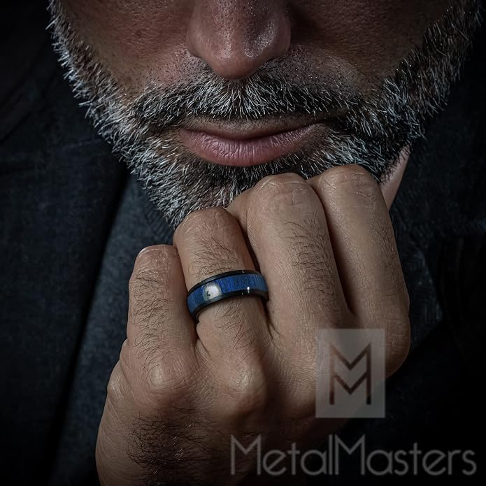 Metal Masters Men's Women's Tungsten Carbide Wedding Band Engagement Ring, Real Brown Or Blue Wood Inlay, Comfort Fit 8mm