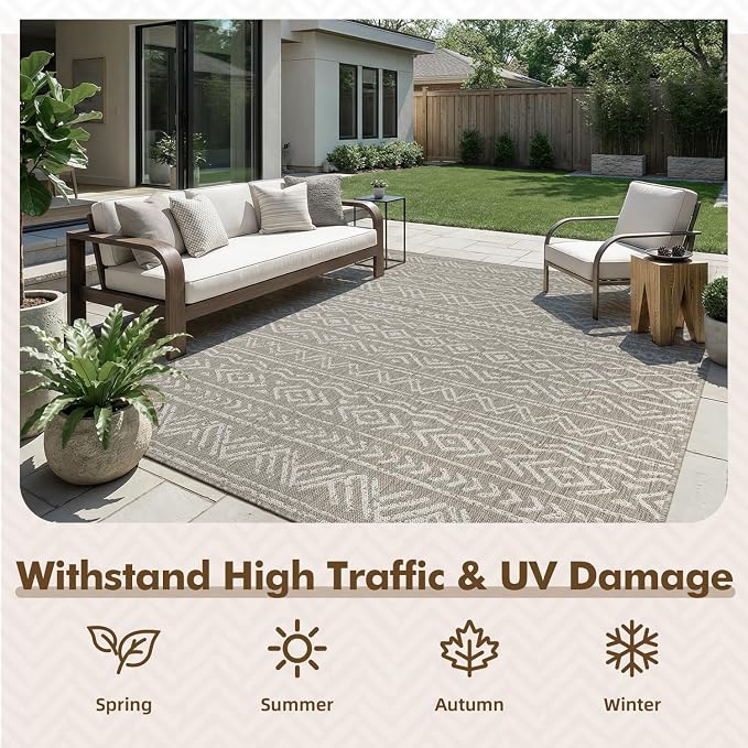 MontVoo-Outdoor Rug-Patio Rug 8x10 Polypropylene Indoor Outdoor Rugs Outdoor Carpet for Patio Deck Balcony Porch, Textured Weave, Durable for High Traffic, Fade-Resistant, Boho Farmhouse Silver Grey
