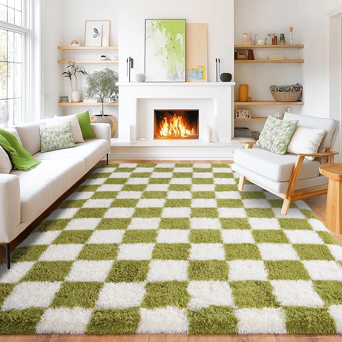 Pionblank 8x10 Area Rugs for Living Room, Fluffy Plush Checkered Rug for Bedroom, Shag Non Slip Soft Furry Large Carpet for Kids Room Nursery Home Decor, Grass Green and White