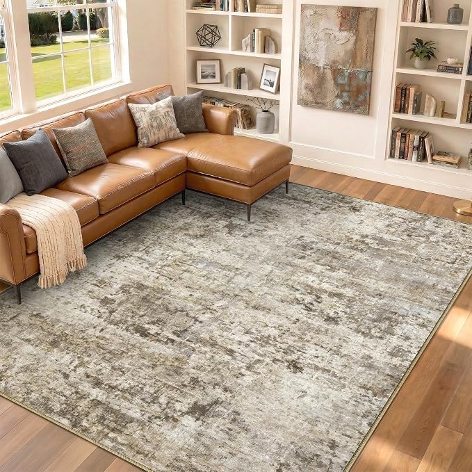9x12 Area Rugs Washable Living Room Rug-No Slip Soft Carpets Modern Abstract Indoor Floor Stain Resistant Large Carpet for Bedroom Dining Room Farmhouse Nursery Home Office Brown