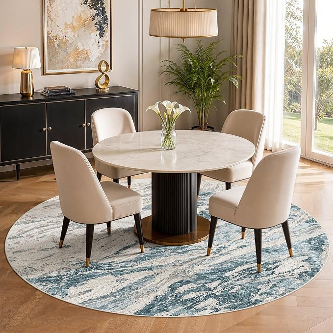 Area Rugs for Living Room: 8ft Round Abstract Washable Rug Modern Neutral Large Soft Stain Resistant Non-Slip for Bedroom Dining Room Indoor Home Office Carpet - Blue Brown