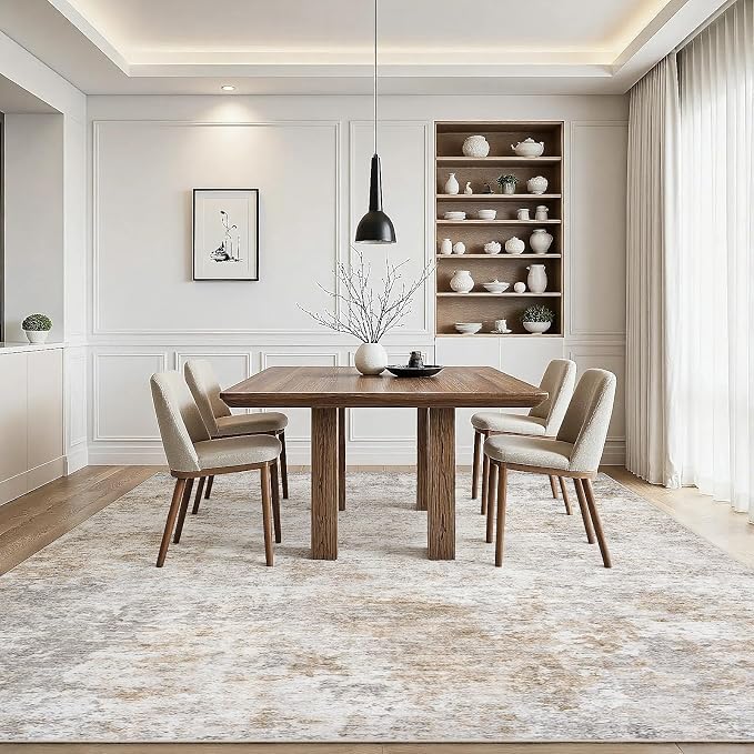 8x10 Area Rugs Living Room Rug Modern Abstract Neutral Washable Rugs Non Slip Soft Carpet Large Area Rug Low Pile Stain Resistant Non Shedding for Bedroom Nursery Dining Room Home Office Brown