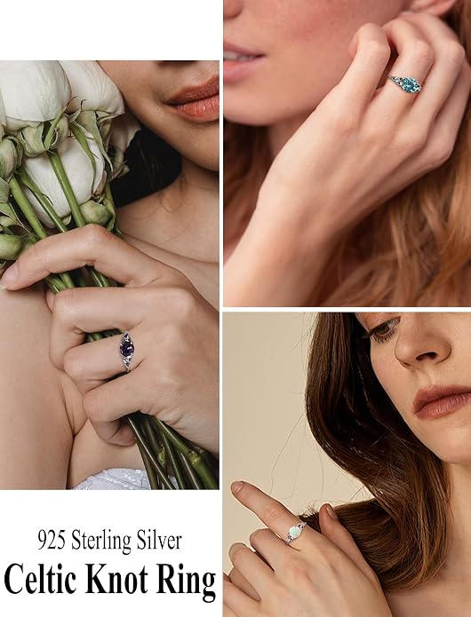 Celtic Knot Rings for Women 925 Sterling Silver Solitaire Ring Wedding Engagement Band Round Birthstone Jewelry Size 5-10
