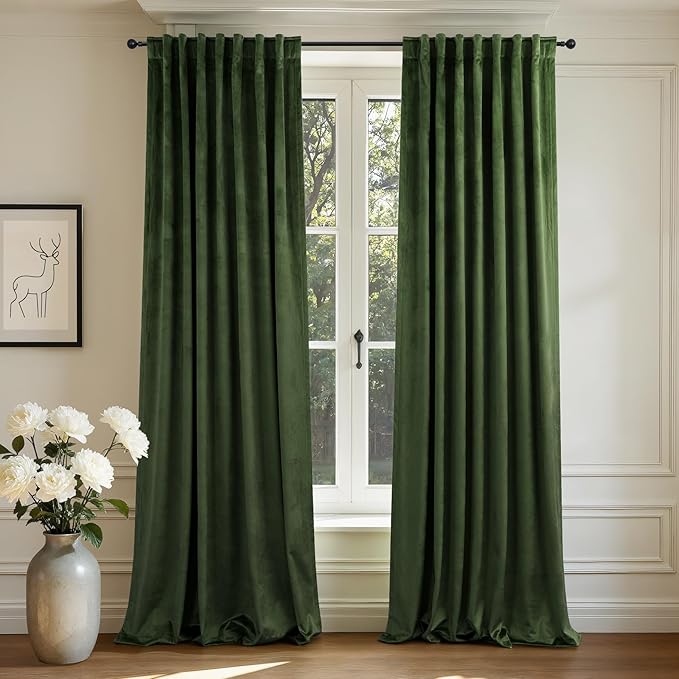 Olive Green Velvet Curtains 108 Inches Long 2 Panels for Patio Sliding Glass Door Ceiling to Floor Drapes Soft Luxury Dark Green Curtain for Living Room Bedroom Aesthetic Farmhouse Boho Decor Back Tab